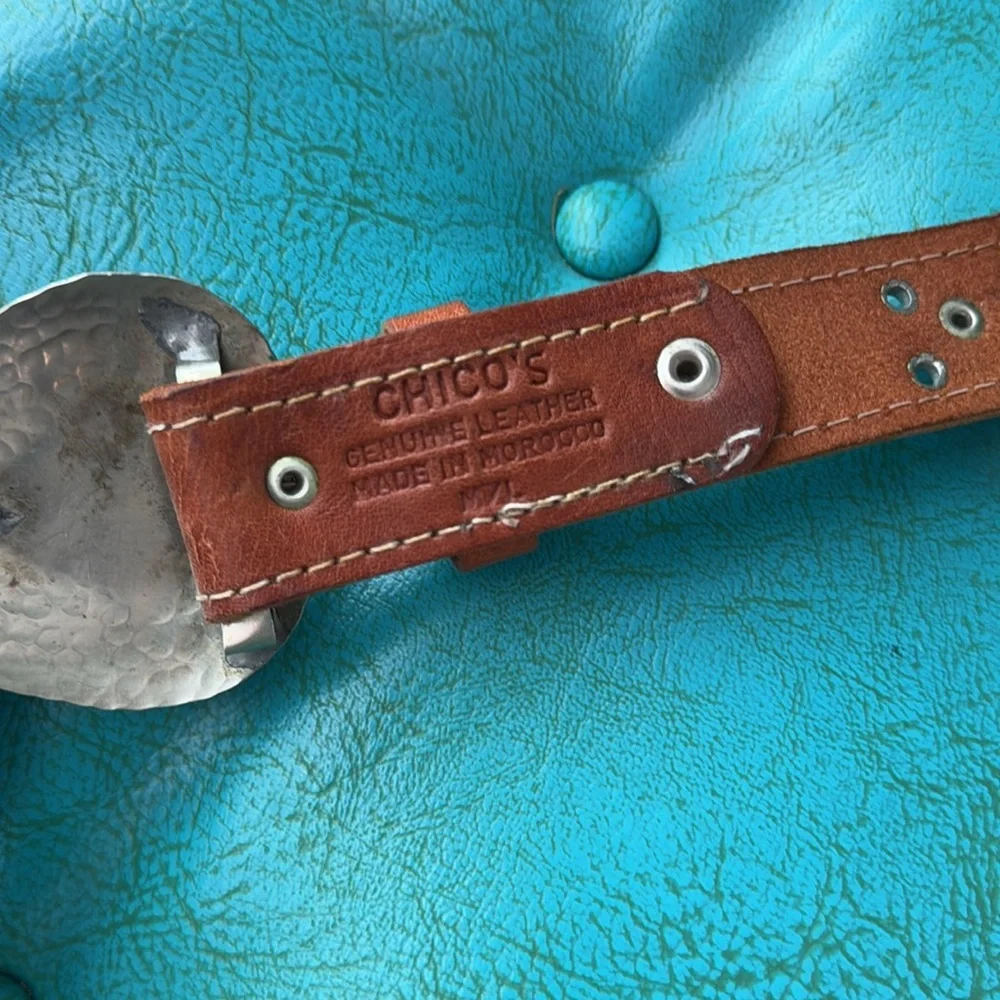 Chicos brown leather studded belt with hammered silver tone heart buckle M/L